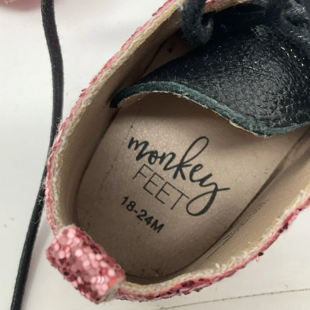 Monkey Feet Shoes Boots Baby Toddler 18-24 M Pink Glitter Black Leather Lace Up